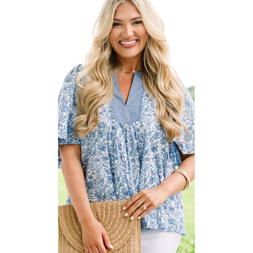 ChicSoul 1X Blue White Floral Cotton Peplum‎ Blouse Plus Size Cottagecore Boho